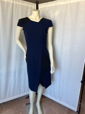 Roland Mouret Navy and Black Wool Blend Asymmetrical Sheath Dress
